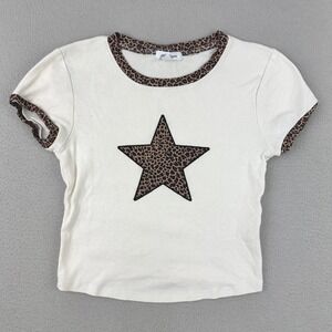 Stitch & Pine Cropped Shirt Womens M Leopard Print‎ Star Crewneck Short Sleeve